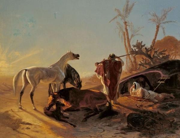 Theodor Horschelt Rastendes Beduinenpaar mit Araberpferden oil painting image
